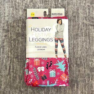 NEW Blue Star Small Medium Pink Holiday Christmas Festive Leggings Fleece Lined